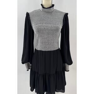 Alice & Olivia Aviva Black White Short High Neck Ruffle Dress Small